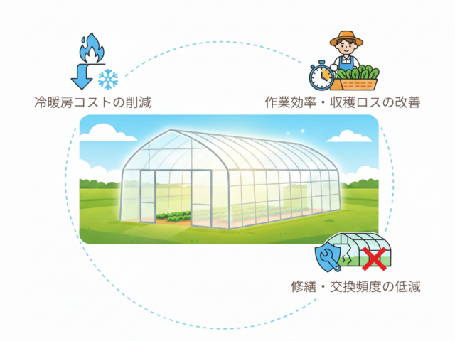 ビニールハウス張替で実現する3つのコスト削減効果のイラスト